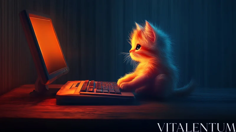Luminous Cat at Computer Desk in Dark Room.