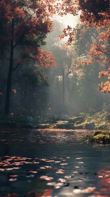 Radiant volumetric light across autumnal forest creekscape.