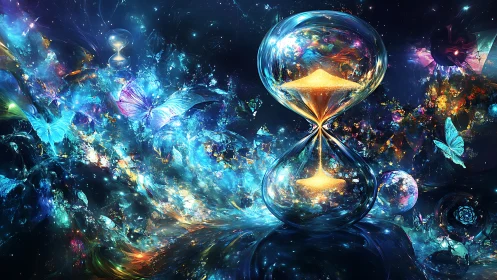 Glowing hourglass floats amid cosmic butterflies and nebulae
