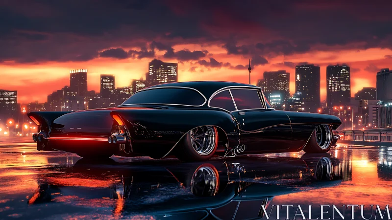 Low-slung neo-retro custom coupe on reflective wet city quay.