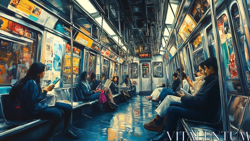 Subway commuters in luminous urban carriage corridor.