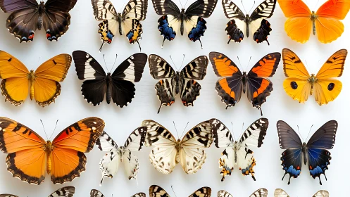 Pinned butterfly specimens arranged in ordered rows on white.