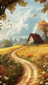 Curved dirt path leads to red-roof cottage under cumulus sky