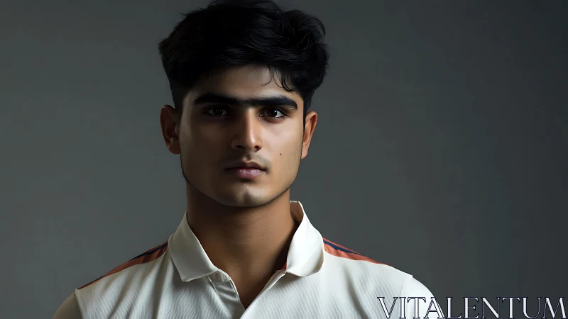 Studio portrait shows young male subject in white sports shirt