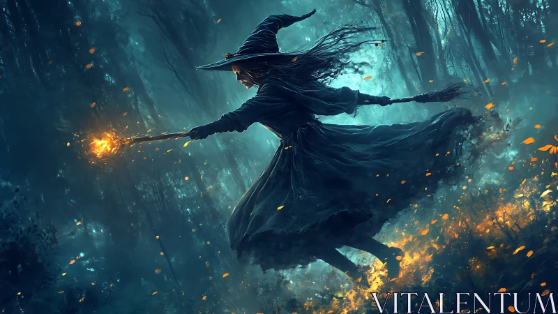 Witch figure moves through forest with illuminated staff