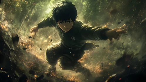 Determined anime hero charging through a glowing forest storm.