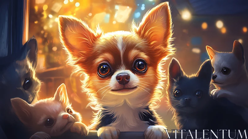 Chihuahua Group Illuminated by Golden Citylight Bokeh