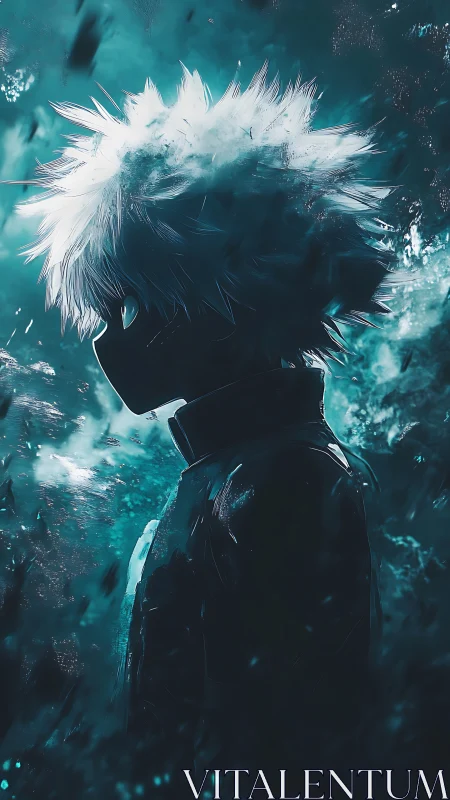 Backlit masked anime silhouette in cyan particle storm.