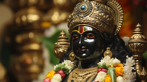 Black stone Hindu deity statue wears ornate gold crown