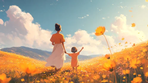 Mother and child walking through luminous golden flower field.