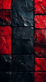 Vertical grid of cracked red and black tiles reveals rugged relief