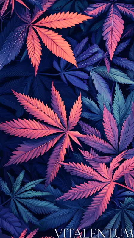 Neon gradient cannabis leaves rendered with layered digital shading