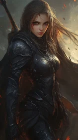 Ashen Valkyrie in blackened armor stalks the embered dusk.