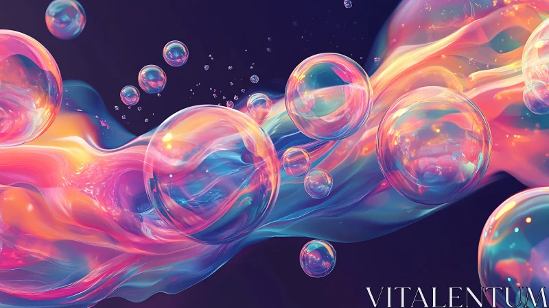 Glowing iridescent bubbles drift across neon liquid ribbons.