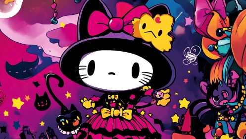 Hello Kitty witch in neon kawaii Halloween fantasy scene.