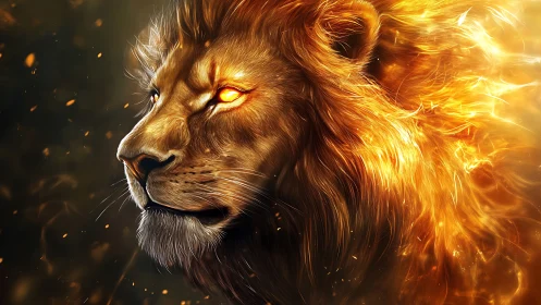 Fiery golden lion gazes forward with calm, glowing strength