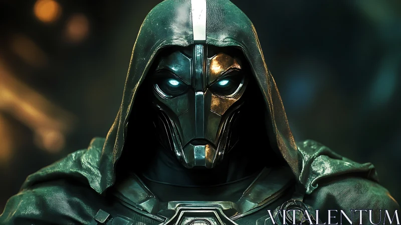 Hooded cybernetic warlord stares forward with glowing eyes