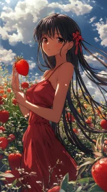 Backlit anime girl studies ripe strawberry in sunlit field