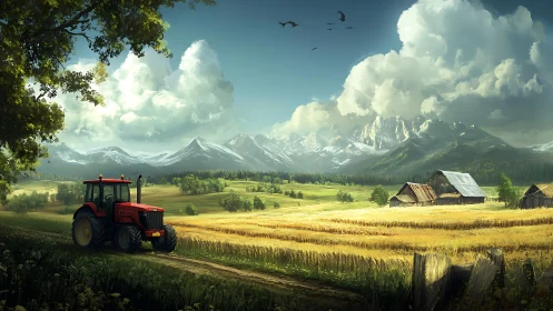 Red tractor traverses sunlit wheat fields beneath alpine storm clouds