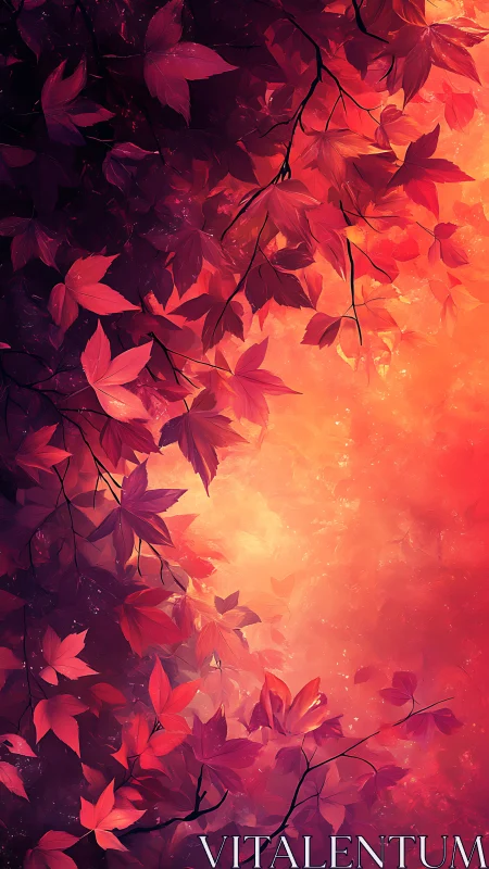 Crimson autumn foliage glows against radiant sunset haze.