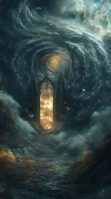 Gothic portal opens into swirling celestial vortex sky