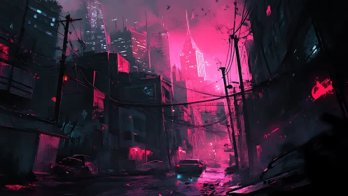 Neon-soaked cyberpunk alley funnels toward glowing spire