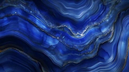 Layered blue agate cross-section with metallic inclusions.