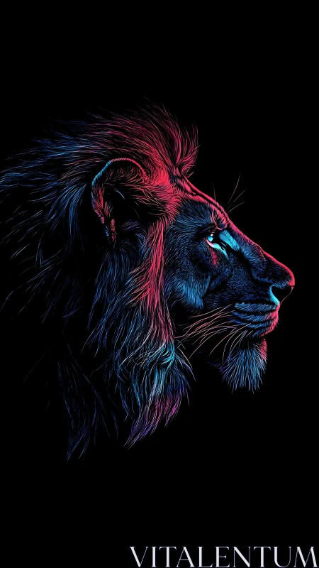 Neon line illustration of lion profile on black background.