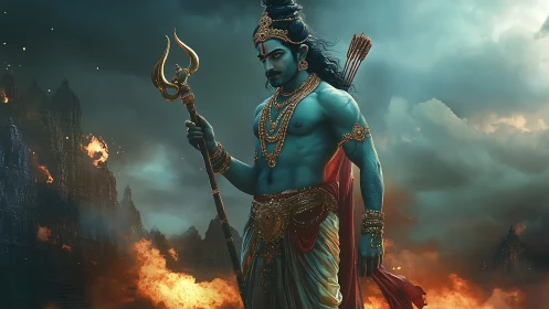 Majestic blue warrior god walking through glowing fire.