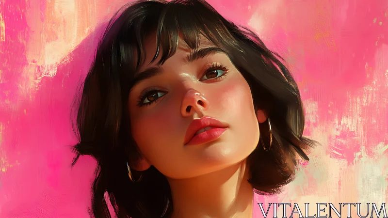 Soft gaze of a young woman glows against vivid pink light