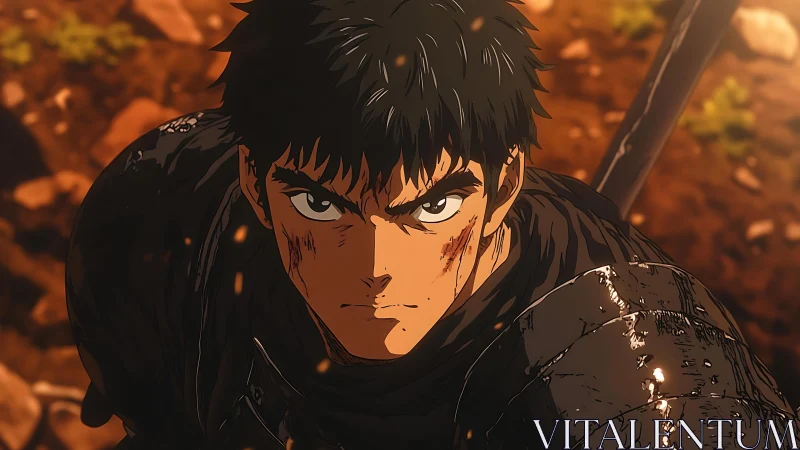 Battle-worn anime warrior under warm cinematic backlight.