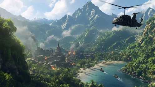 Military incursion over burning jungle city in high-detail 3D render