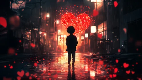 Silhouetted figure beneath glowing heart in rainy neon city street.
