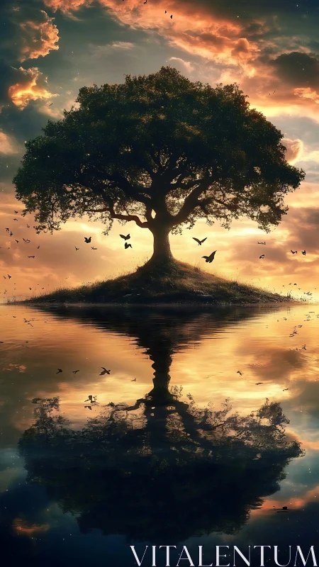 Lone island tree mirrored on calm water at sunset