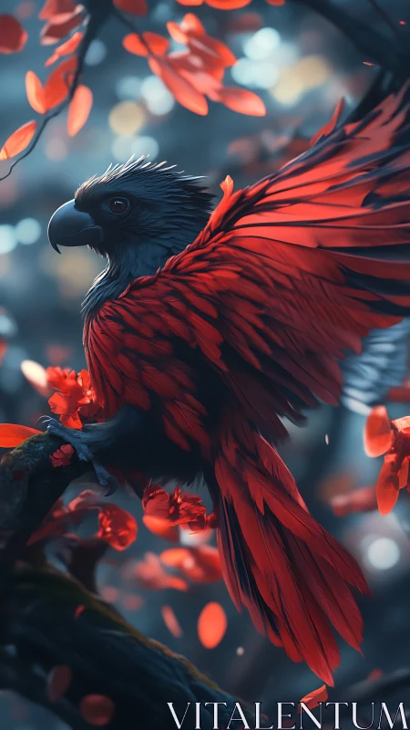 Crimson-feathered forest raptor in bokeh-lit canopy study.