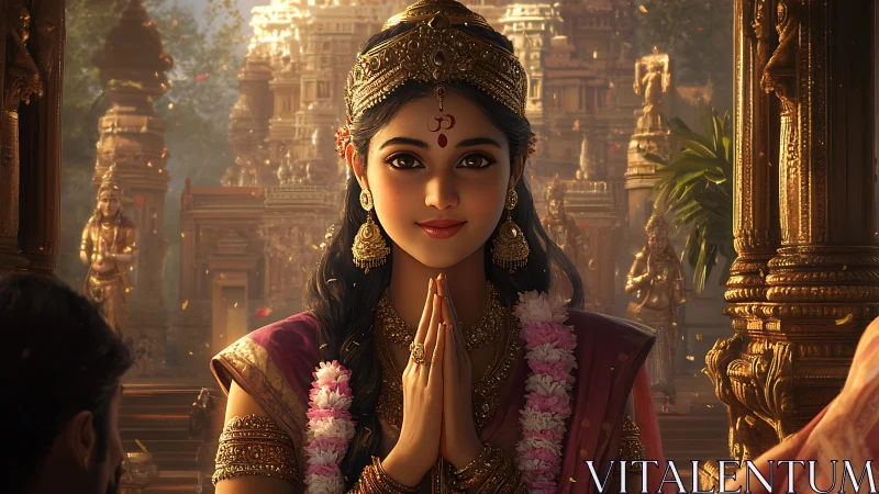 Golden temple greeting with a serene, smiling devotee.