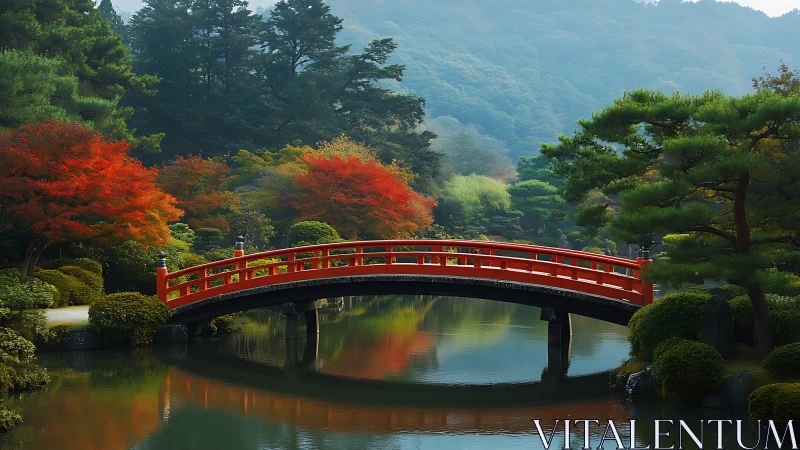 Serene red bridge over calm pond in a peaceful autumn garden.