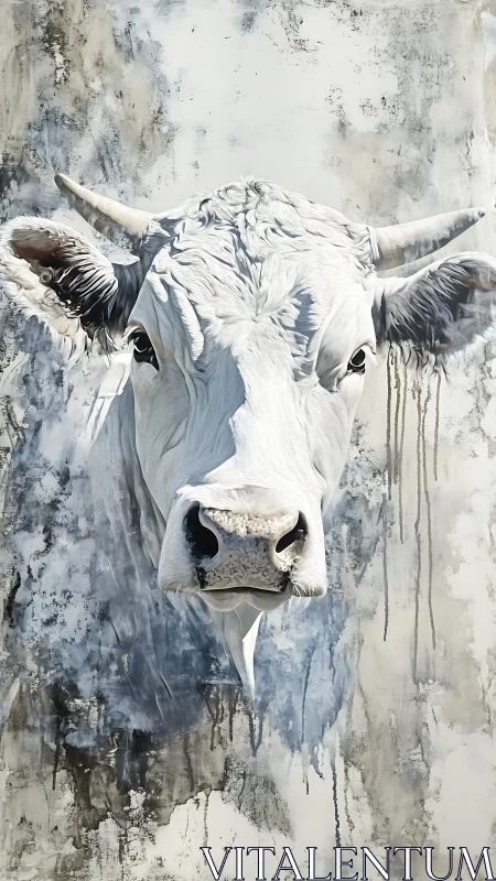 Monochrome bovine portrait with expressive dripping ground.