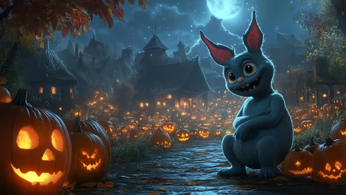 Playful blue creature guards a glowing Halloween pumpkin village