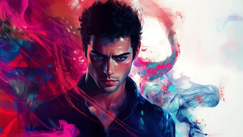 Moody young man wrapped in bold swirling neon colors.