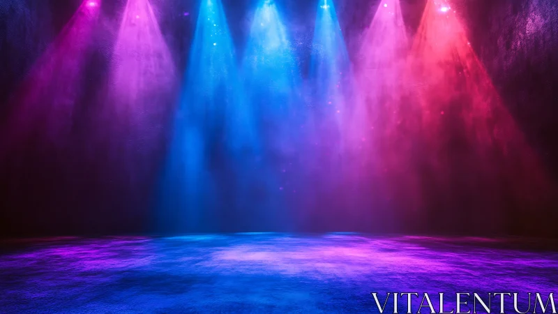 Colored stage spotlights project onto empty textured floor