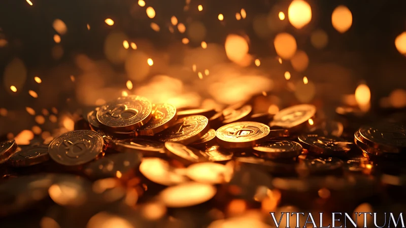 Photorealistic macro spread of glowing digital gold coins.