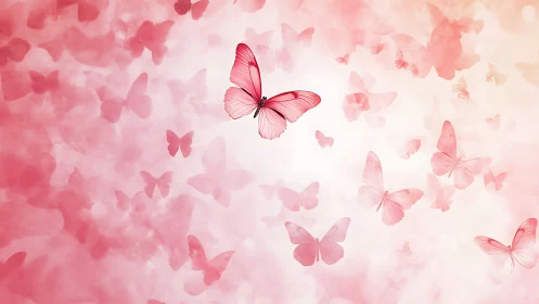 Pink butterfly swarm over soft pastel gradient sky.