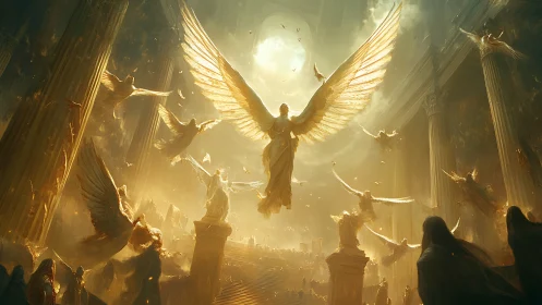 Radiant golden angels ascend through monumental temple hall
