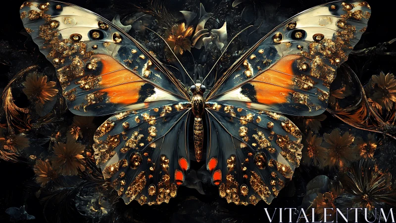Gilded Emberwing butterfly crowned in midnight florals.