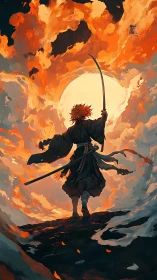 Lone ember samurai strides into a blazing celestial storm.