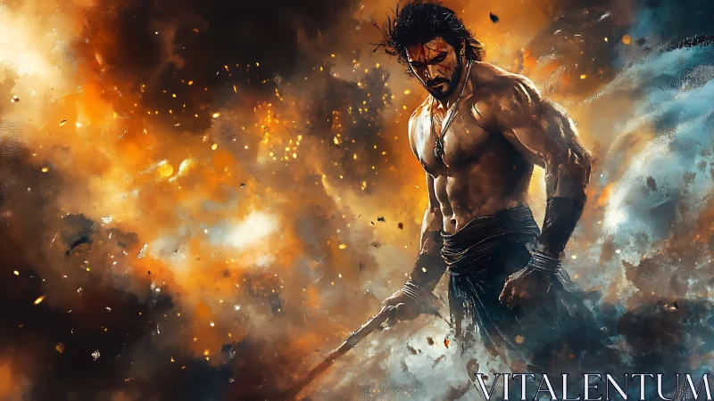 Stormforged warrior strides through shattering ember skies.