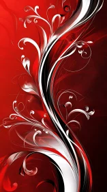 Crimson abstract floral ribbons with swirling white accents.