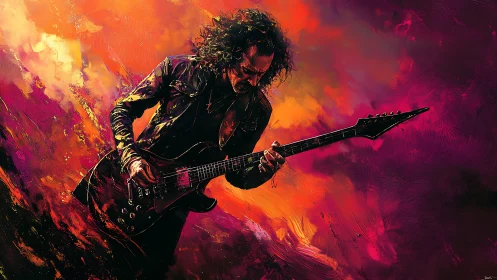 Guitarist performs powerfully against vivid abstract colors
