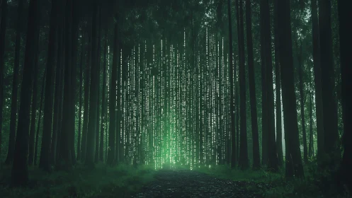 Digital rain cascades through dark forest clearing corridor.